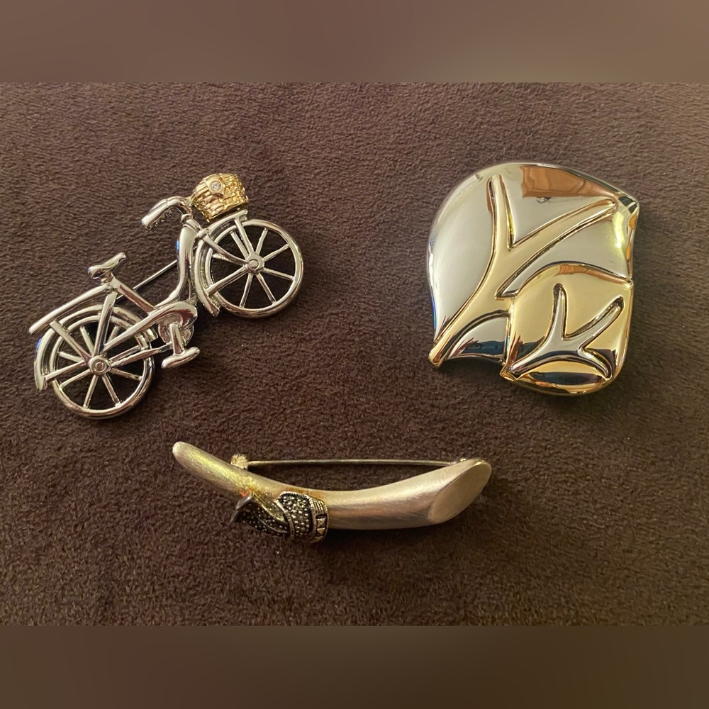 Set of 3 Pins, Sold Together, Silver & Gold Brooches
